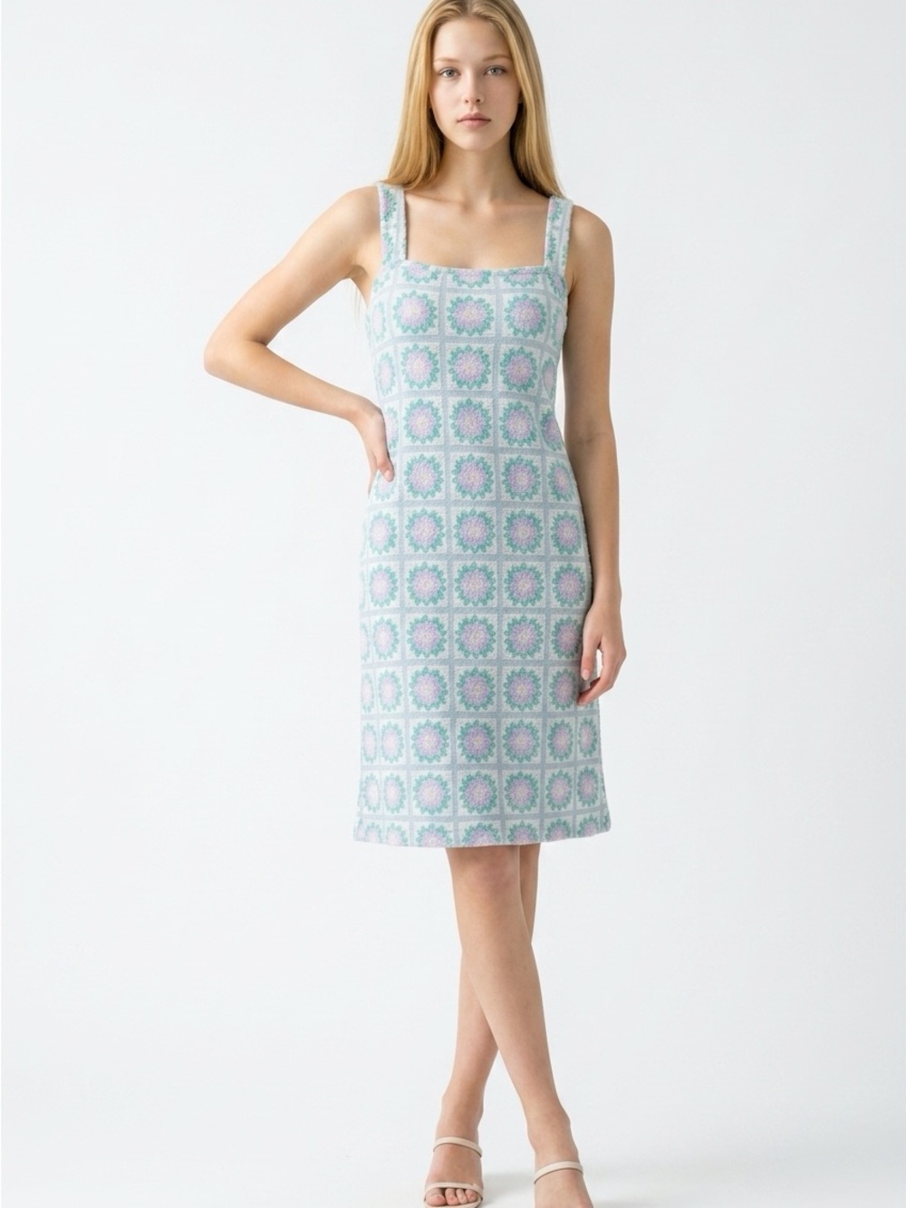 Sleeveless Crochet-Style Mini Dress in Mint and Lilac 308